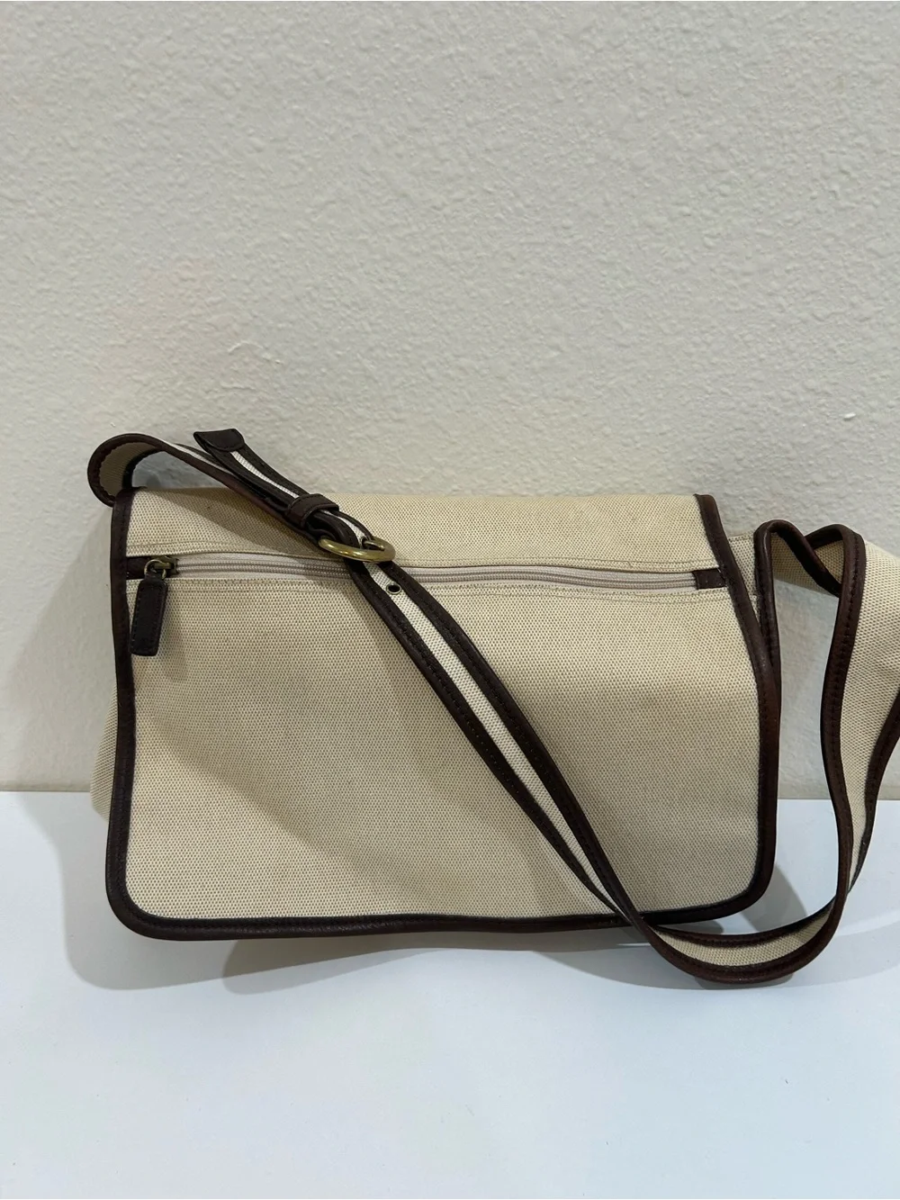 Fossil Canvas Crossbody Messenger Bag in Cream with Brown Trim